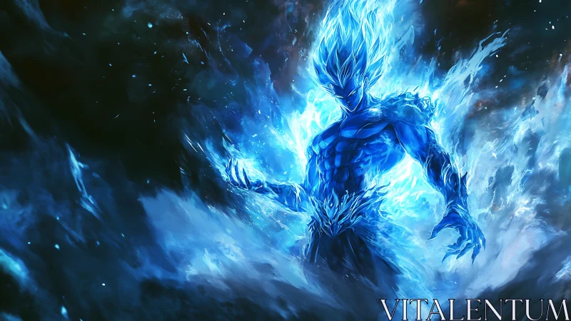 Blazing blue energy warrior stands transformed in cosmic power