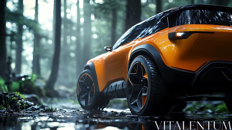 Orange off-road crossover EV concept in misty forest trail