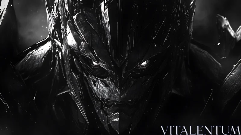 Dark metallic cyber demon portrait in harsh monochrome.