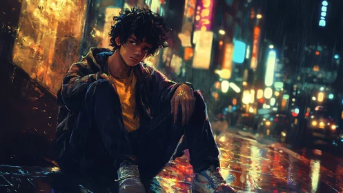 Brooding teen sits in neon city rain, lost in thought.