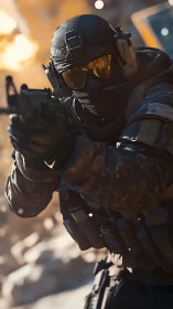 Tactical operator in full combat gear aiming carbine in blast zone
