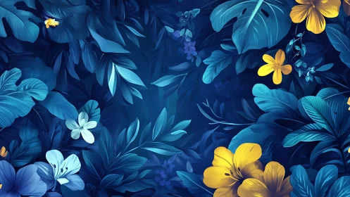 Blue Floral Garden with Golden Blooms in Digital Art