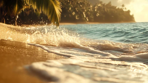 Golden Hour Tropical Shoreline with Wave Foam Detail and Palm Fronds