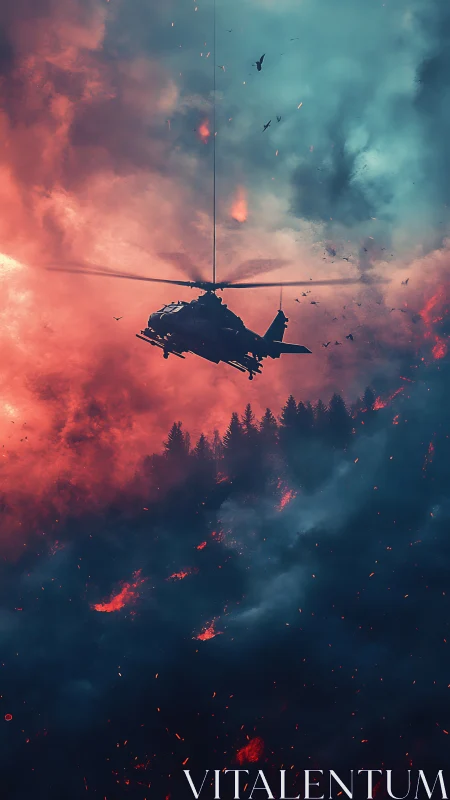 Rescue helicopter above burning forest under split sky.
