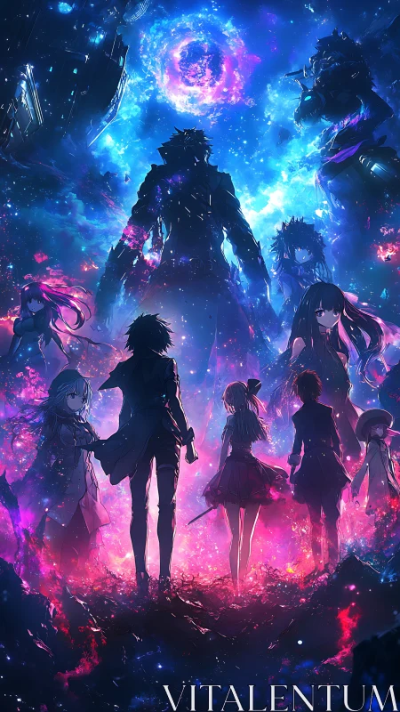 Neon-lit anime ensemble under cosmic vortex composition.