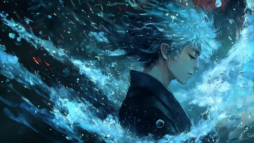Blue haired anime figure immersed in swirling water.