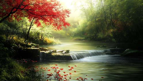 Radiant forest cascade with autumnal canopy and soft mist glow.