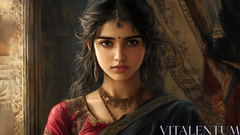 Digital portrait of Indian woman in ornate traditional sari.