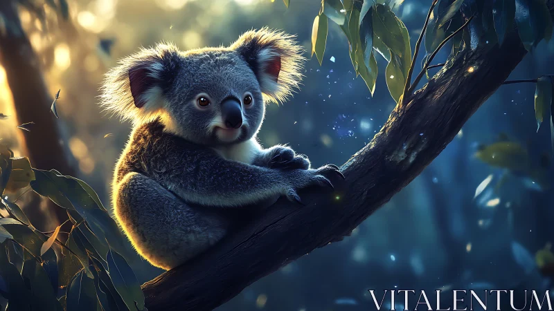 Dreamlit koala perched in a softly glowing forest hush.
