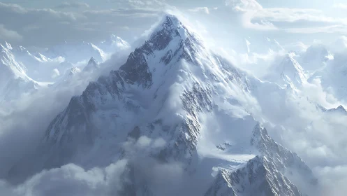 Silent snowy peaks rise gently through drifting winter clouds