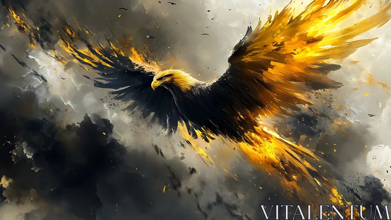 Majestic Eagle in Flight with Fiery Wings, Digital Art Fantasy Style.