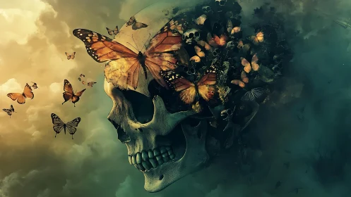 Human skull with clustered butterflies integrated into cranium