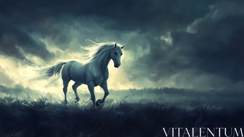 Storm-lit white horse traverses windswept field with luminous backlight