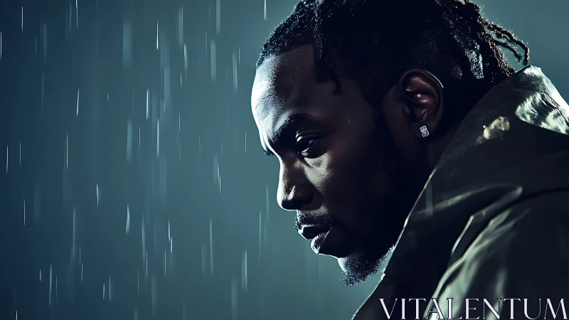 Moody male profile portrait in rain with side lighting.