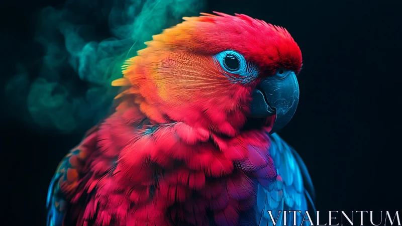 Vibrant scarlet parrot glows against deep shadowed background.
