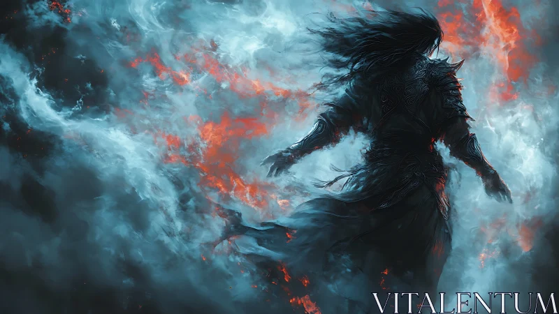 Stormlit shadow warrior strides through swirling fire and mist