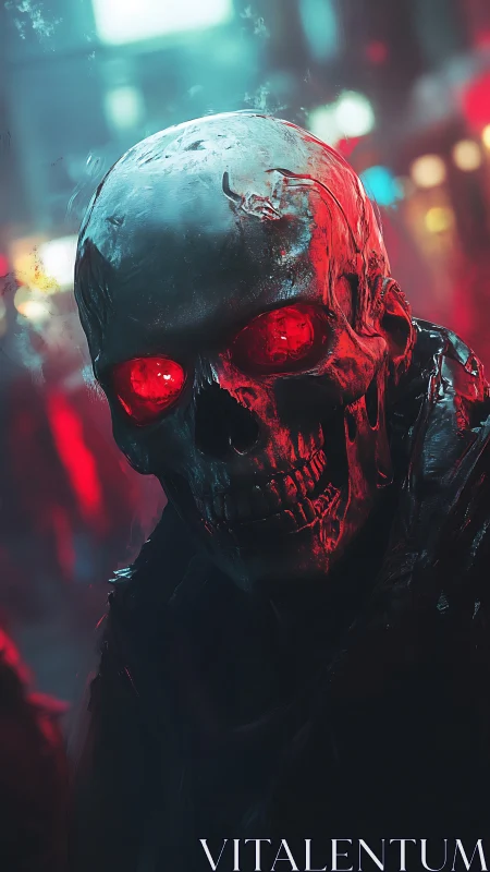 Neon-soaked skull prowls through the glitching city haze