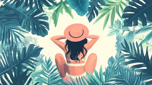 Woman in sun hat relaxes amid lush tropical jungle leaves
