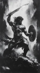 Sword-wielding barbarian amid cascading battle mist.