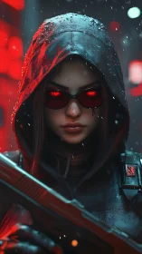 Shadowed cyber hunter with glowing red gaze in rain-soaked alley.