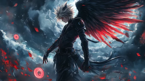 Winged dark warrior with red ethereal feathers in storm sky.
