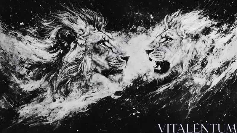 Two Lions Face-Off: Dramatic Black and White Confrontation.