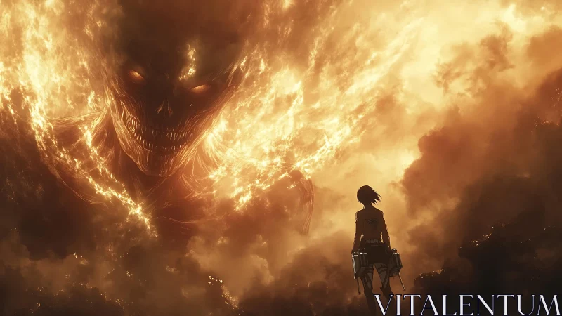 Soldier confronts colossal fiery demon in burning sky