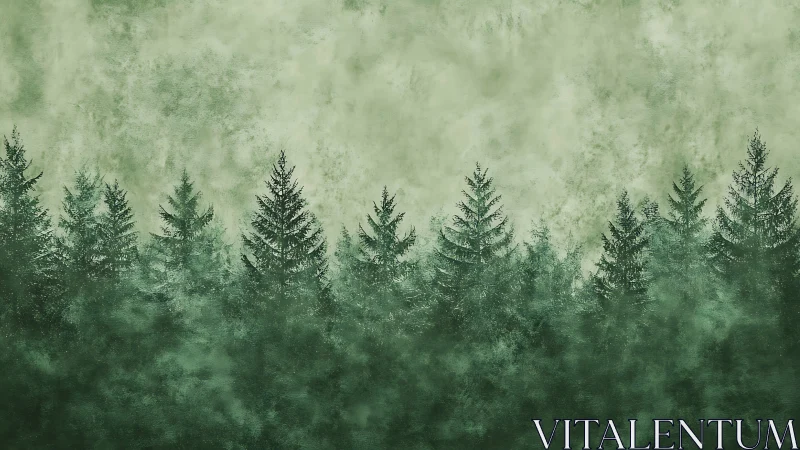 Misty Forest Dreams: Evergreens Rise Through Soft Green Haze