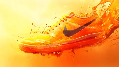 Bold orange running shoe bursts forward in vivid splashes