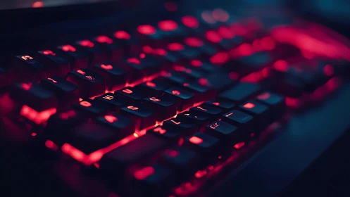 Mechanical keyboard with red LED backlighting in close view.