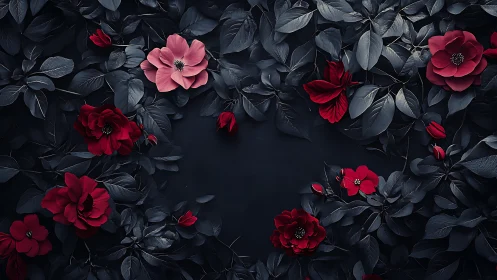Dark blooms with crimson roses against moody midnight foliage