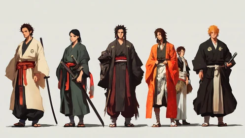 Six anime-style samurai characters in traditional robes.