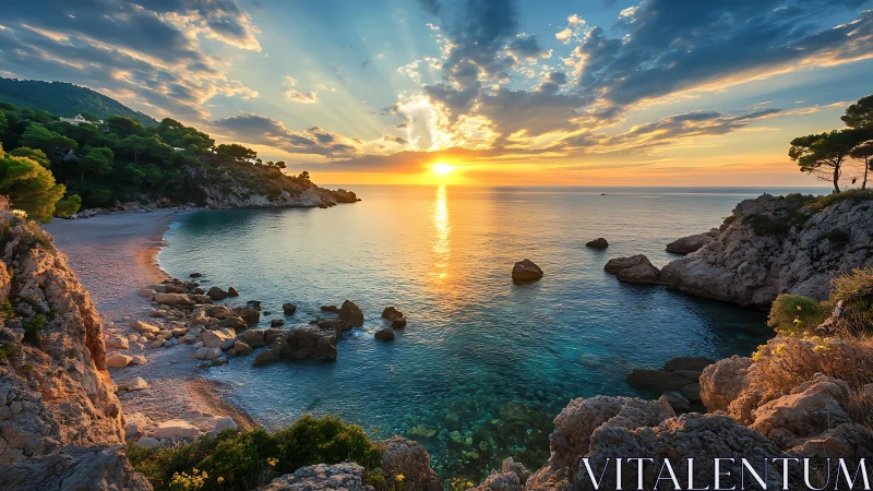 Rocky cove coastline at calm sunset with clear sea water.