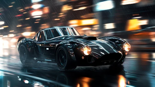 Wet street racing shot captures retro sports car with dynamic motion blur