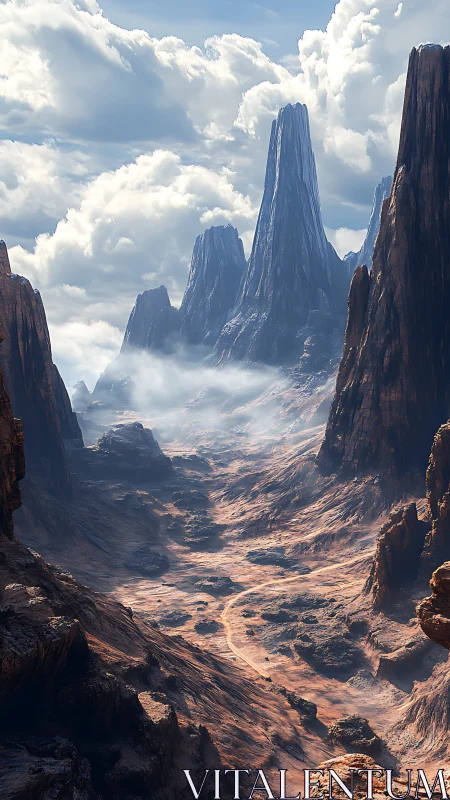 Colossal stone spires whisper over a windswept canyon path