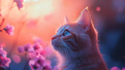 White Cat Gazing Upward Among Pink Flowers. Ethereal Light.