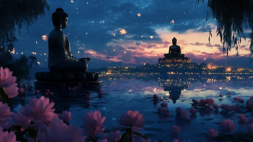 Meditating Buddha statues over lotus lake at luminous twilight.