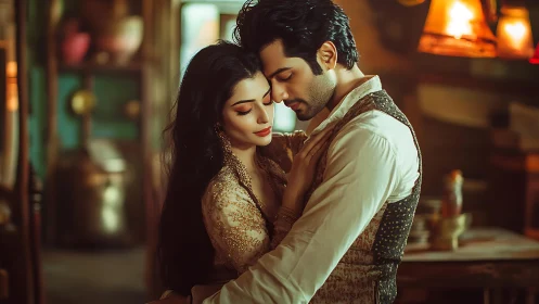 Intimate portrait of couple in golden hour ambient lighting with classical styling