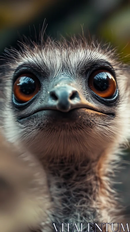 Macro closeup portrait of young ostrich with glossy amber eyes
