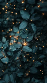 Forest leaves glow under scattered golden firefly light.