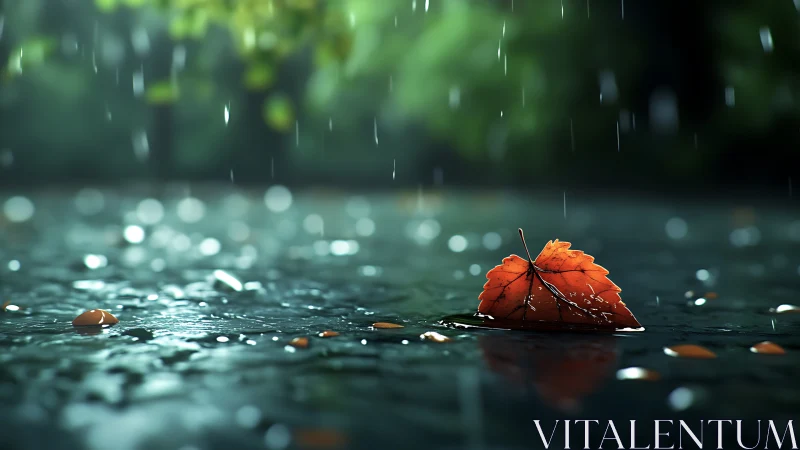 Quiet rainstorm cradling a single bright autumn leaf.