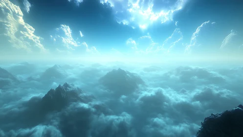 Sky-drowned mountains drift beneath a luminous cloud ocean.