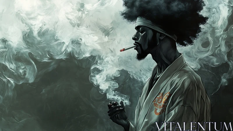 Afro samurai smoker in swirling cinematic smoke field.