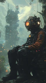 Atmospheric cyber-scout in exo-suit overlooking vertical megacity.