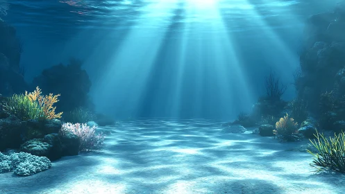 Sunlit shallow seafloor with coral outcrops and volumetric caustics.