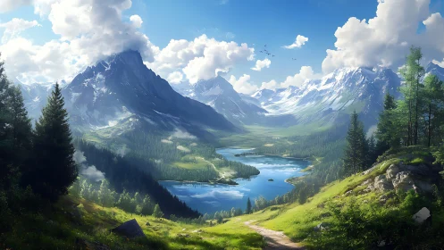 Digital alpine valley with bright lake and snow peaks.