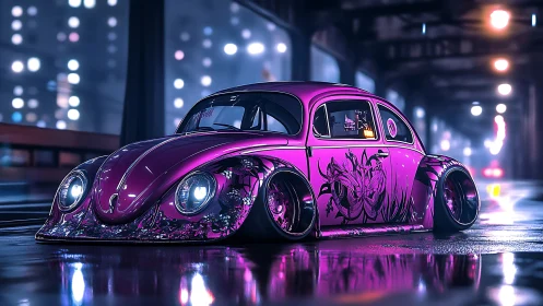 Cyberpunk lowrider Beetle with neon floral bodywork rendering.