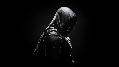 Hooded figure in dark minimalist low key portrait.