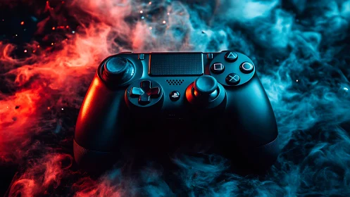Gaming Controller Suspended in Dramatic Red and Blue Luminescent Atmospheric Effects