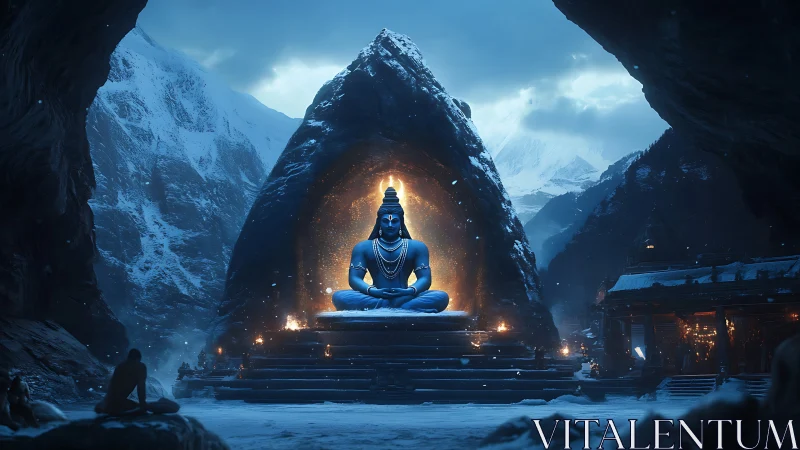 Blue deity statue in snowy mountain cave before shrine.